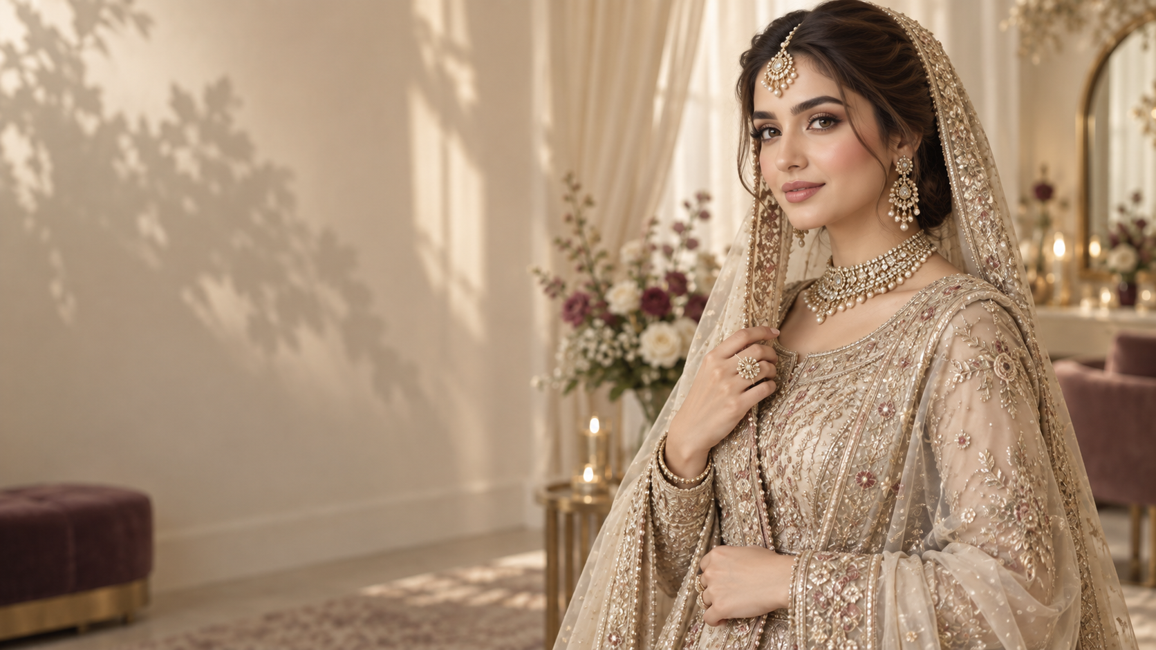 Bride in an elegant ivory bridal look by Glow by Misbah